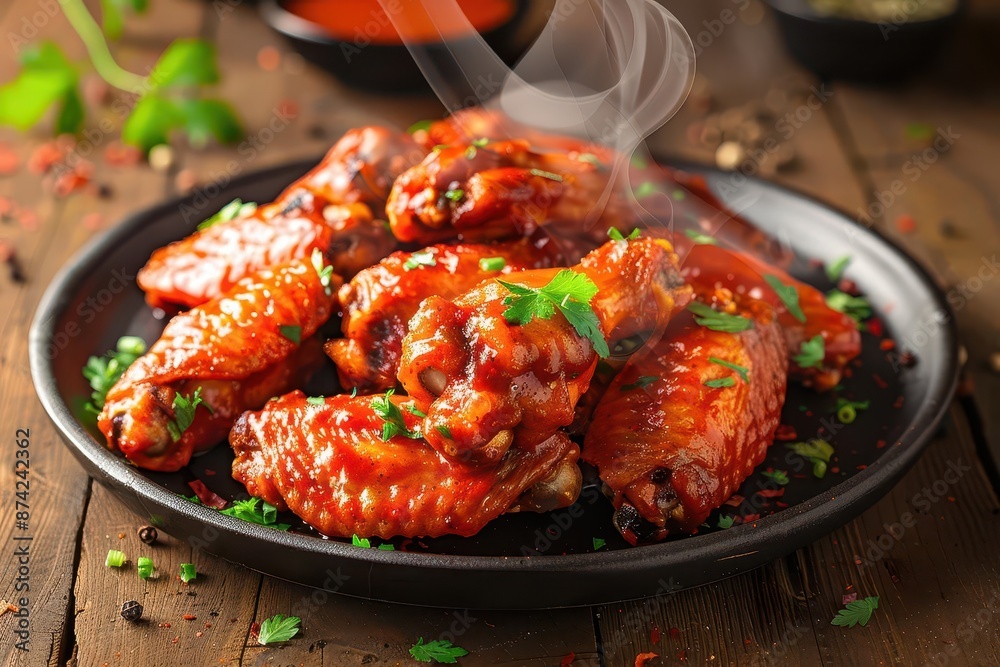 mouthwatering plate of crispy buffalo chicken wings with vibrant orangered sauce steam rising garnished with fresh herbs on rustic wooden surface mouthwatering plate of crispy buffalo chicken wings with vibrant orangered sauce steam rising garnished with fresh herbs on rustic wooden surface