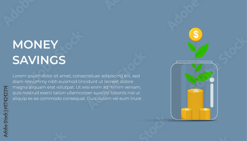 Investment and finance growth business concept. glass jar with coins and growing plant or tree on green background. Hand drawn vector sketch illustration. Poster banner design