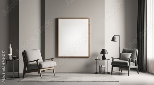 Modern Living Room with Scandinavian Furniture and Blank Canvas on Wall. Perfect for contemporary interior design inspiration