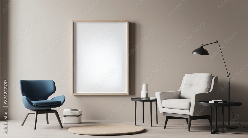 Modern Living Room with Scandinavian Furniture and Blank Canvas on Wall. Perfect for contemporary interior design inspiration Modern Living Room with Scandinavian Furniture and Blank Canvas on Wall. Perfect for contemporary interior design inspiration