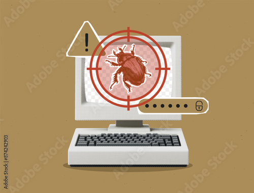 Concept of a bug, computer virus, system hack or crash, data or password theft. Computer with error warning. Contemporary halftone collage banner in a retro futurism style.