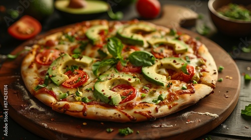 A delicious avocado pizza topped with fresh tomatoes, avocado slices, and herbs, served on a wooden board.