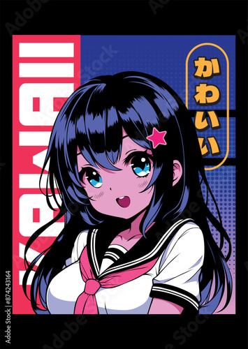 Anime girl poster in manga style. Tokyo Japan anime girl with concept of virtual reality,retro,futurism,futuristic,cyberpunk. Japanese y2k vector illustration. Kanji translation is Kawaii or Cute 