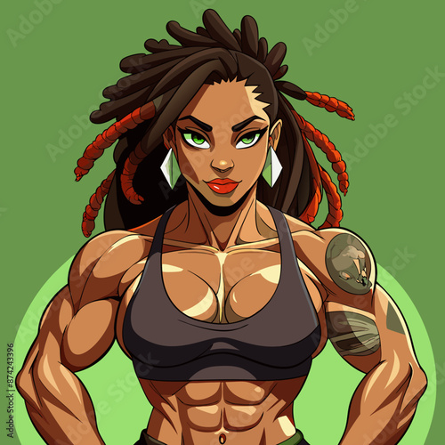 young bodybuilder woman with dreadlocks