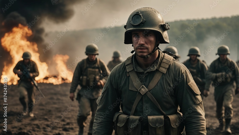 Soldiers in battlefield uniforms Wear a bulletproof helmet. There is mud and dust on the clothes. Serving on the battlefield There is smoke and fire from the explosion in the background. Soldiers in battlefield uniforms Wear a bulletproof helmet. There is mud and dust on the clothes. Serving on the battlefield There is smoke and fire from the explosion in the background.