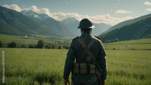 A soldier in full uniform stands in the middle of a green field. The sky is clear. The sun shines softly There are mountains in the background. A soldier holds a gun and has a national flag on the bac