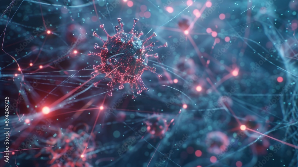 A digital illustration of a coronavirus with a network of red lines and lights extending from its surface. A digital illustration of a coronavirus with a network of red lines and lights extending from its surface.