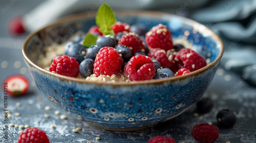 A vibrant bowl of oatmeal topped with fresh raspberries, blueberries, and a sprig of mint, perfect for a nutritious breakfast. A vibrant bowl of oatmeal topped with fresh raspberries, blueberries, and a sprig of mint, perfect for a nutritious breakfast.