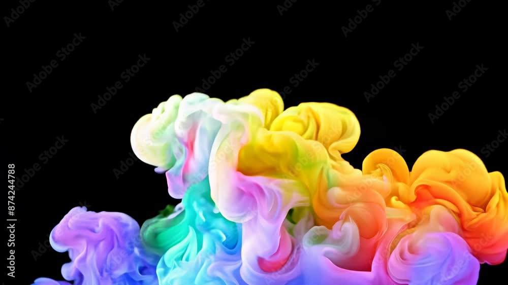 Colorful liquid paint water explosion effect, Colorful ink in water, Colorful Particle Smoke Effect on black background.