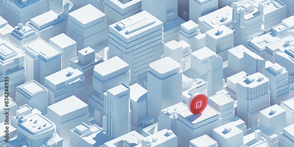 city, 3d, white mesh, highlight a target building,isometric view city, 3d, white mesh, highlight a target building,isometric view