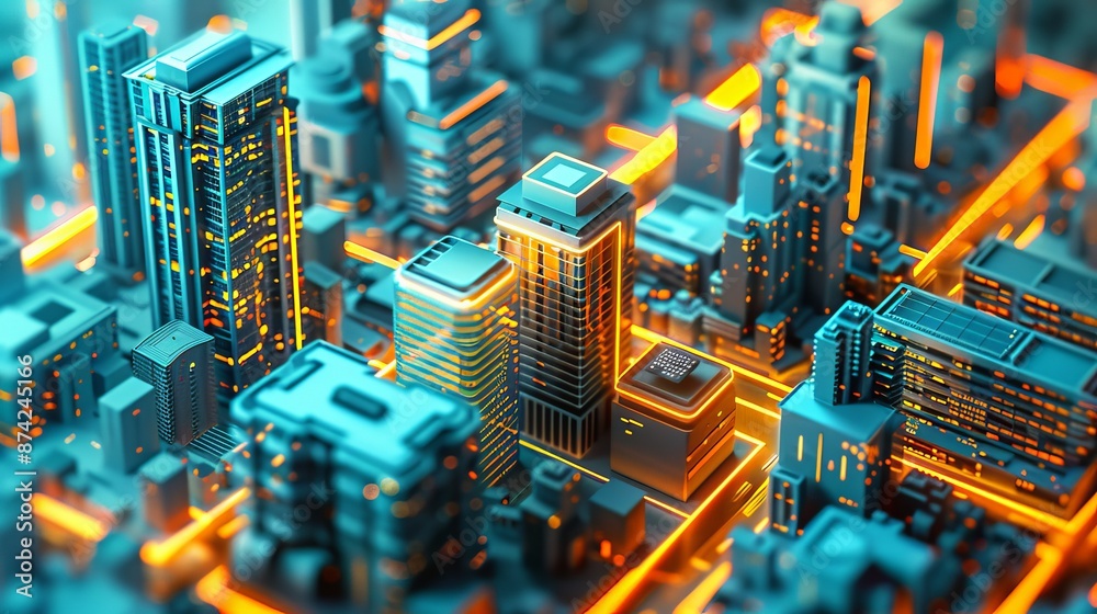 Obraz premium Futuristic cityscape, cartoon-style, detailed miniature buildings, blue and white color scheme, glowing orange accents, isometric view, smooth and clean design, modern architecture, high-rise building