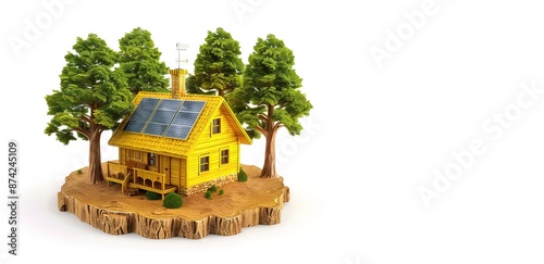 Illustration of a yellow house surrounded by trees on a white background