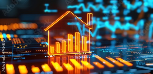 Illustration of a high-tech house with orange lights and blue twinkles