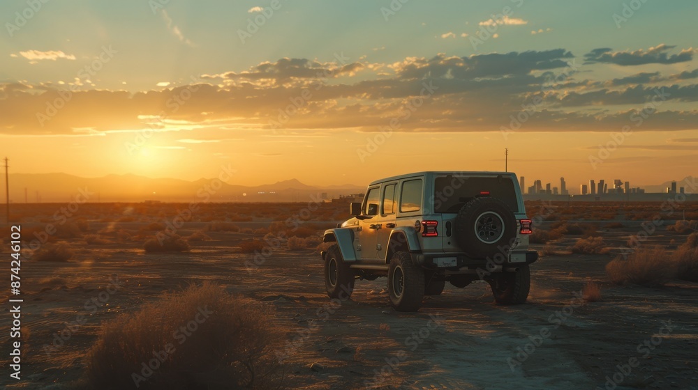 2023 jeep wrangler, silver exterior,There are faint urban buildings in the distance,sunset, view to desert,action scene,cinematic shot, commercial photography, canon eos r5 2023 jeep wrangler, silver exterior,There are faint urban buildings in the distance,sunset, view to desert,action scene,cinematic shot, commercial photography, canon eos r5