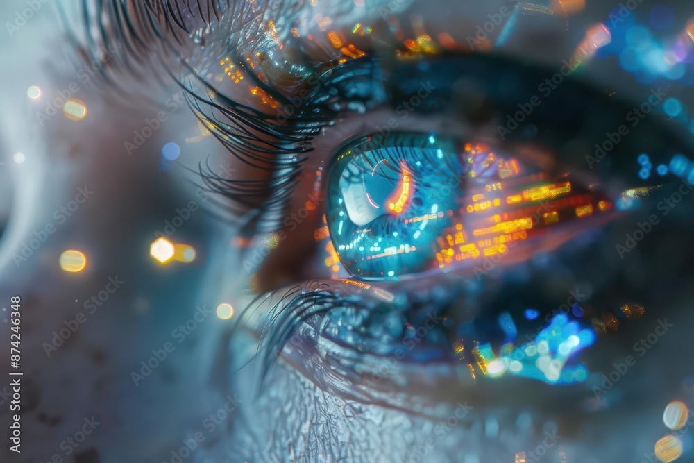 piercing gaze reflected in cybernetic lenses intense closeup of futuristic eyes with holographic interface overlay neon circuit patterns dancing across irises piercing gaze reflected in cybernetic lenses intense closeup of futuristic eyes with holographic interface overlay neon circuit patterns dancing across irises