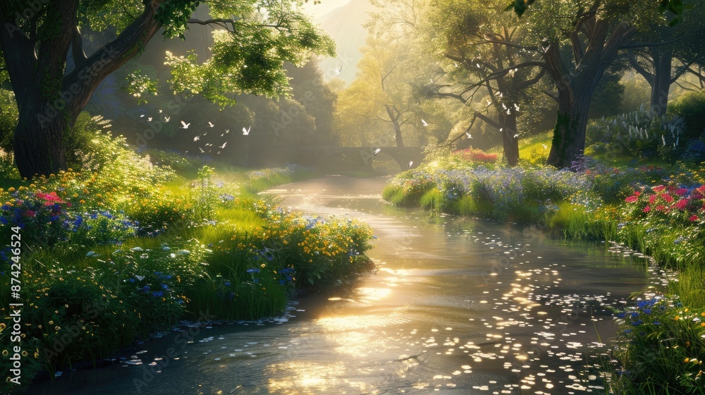 A peaceful river meandering through a sunlit glade, with birds singing and flowers blooming along the banks. A peaceful river meandering through a sunlit glade, with birds singing and flowers blooming along the banks.