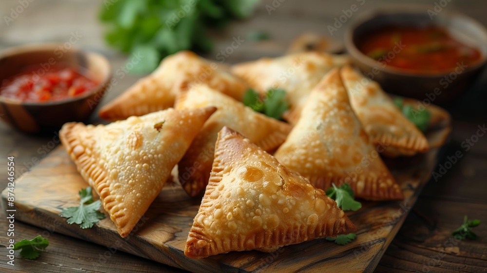 A plate of golden samosas served with a side of dipping sauce, perfect for an appetizer or snack. A plate of golden samosas served with a side of dipping sauce, perfect for an appetizer or snack.