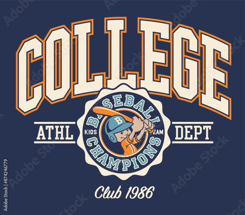 Cute baseball batter college kids team vintage cartoon vector print for children boy sport wear for shirt sweatshirt pajamas