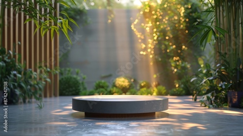 Stage design background for product display, exhibition stand, booth background with several blank pedestals and green plants，Product Background