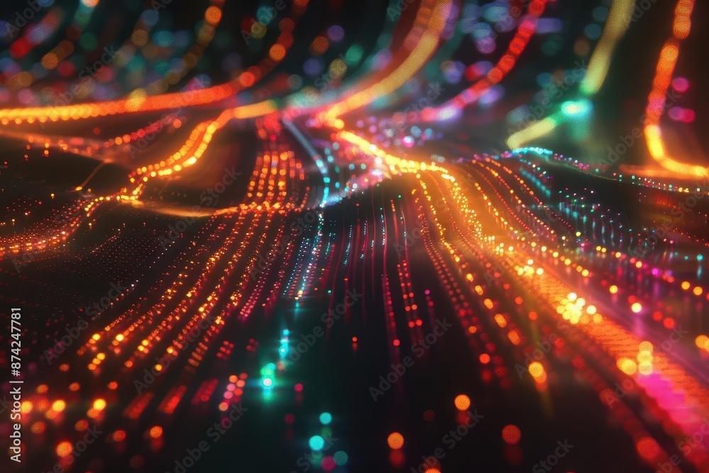 futuristic data visualization concept with flowing light streams complex information represented by interconnected nodes and pathways in a vibrant multicolored display