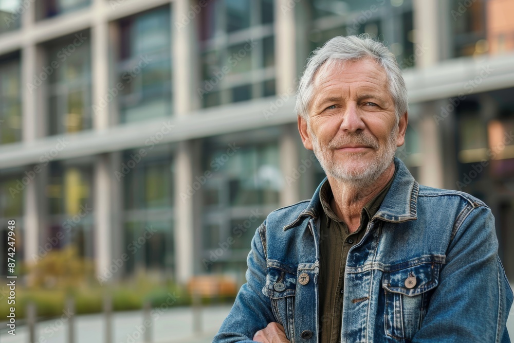 Portrait of a content caucasian man in his 70s sporting a rugged denim jacket on modern university campus background Portrait of a content caucasian man in his 70s sporting a rugged denim jacket on modern university campus background