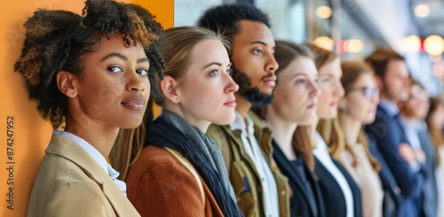 Diverse Group of Young Adults Standing in Line at an Indoor Event