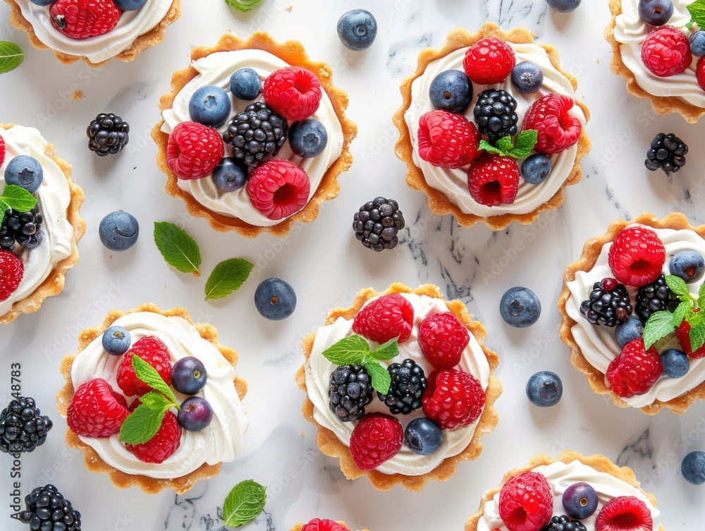 Four small pastries with blueberries and strawberries on top. Four small pastries with blueberries and strawberries on top.