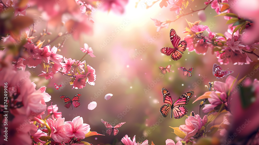 Whimsical Spring Garden Featuring Pink Sakura Blossoms and Soothing Sunlight with Butterflies Whimsical Spring Garden Featuring Pink Sakura Blossoms and Soothing Sunlight with Butterflies