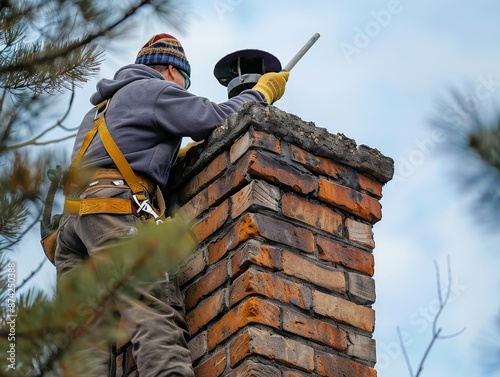 Professional Chimney Sweep Inspecting and Cleaning a Brick Chimney. photo