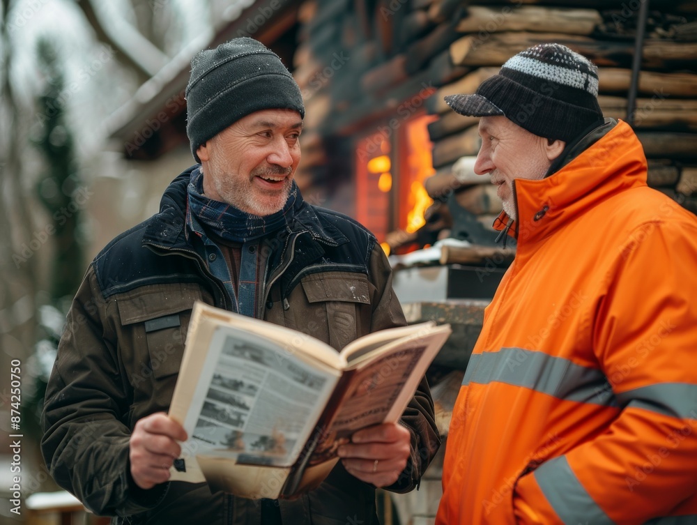 Two Senior Men in Winter Clothing Have a Discussion While One Holds a Book. Two Senior Men in Winter Clothing Have a Discussion While One Holds a Book.