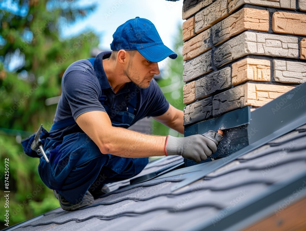 Construction Worker Installing Flashing Around Chimney on Roof. Construction Worker Installing Flashing Around Chimney on Roof.