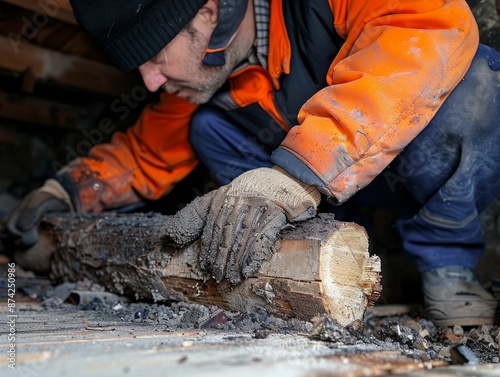 Close Up of a Man Breaking Up a Piece of Firewood with His Hands.