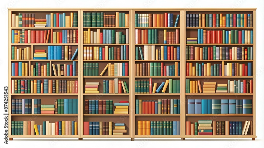 Bookcases and bookshelves full of books. Isolated on white background. Education library and bookstore concept. Vector illustration. Bookcases and bookshelves full of books. Isolated on white background. Education library and bookstore concept. Vector illustration.