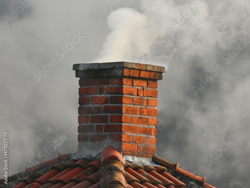 Brick Chimney with Smoke and Cloudy Sky. photo