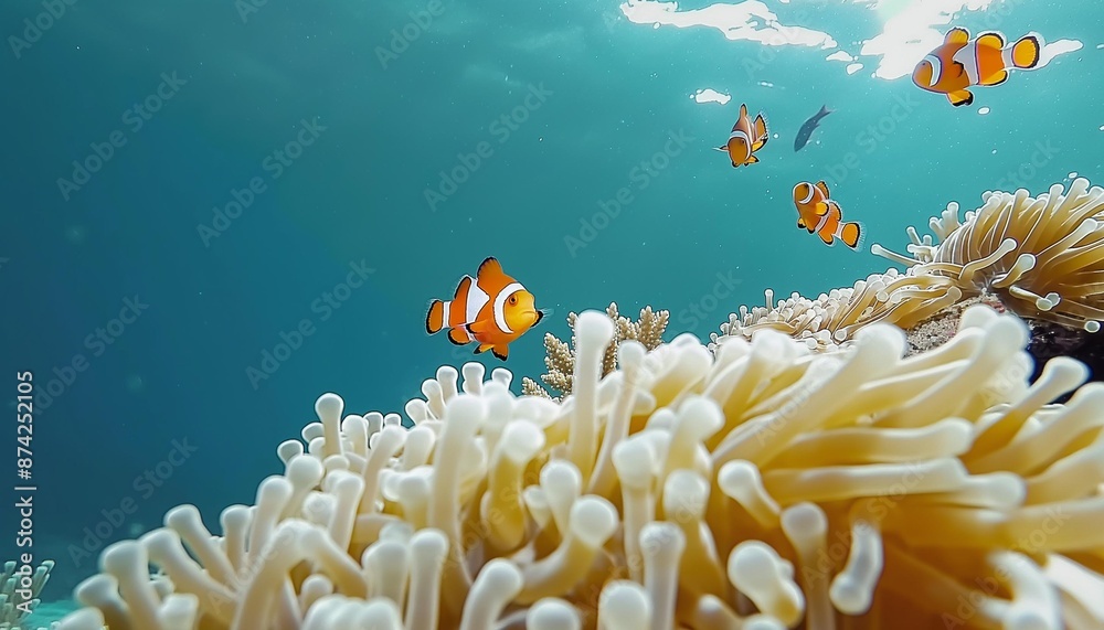 AI generator image of  Nemo fish, several clown fish, are swimming on coral and white anemones. The blue sea water is clear and clean.deep blue sea