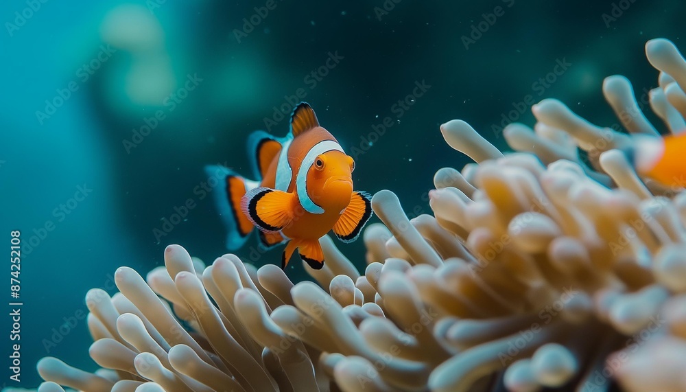 AI generator image of Nemo fish, several clown fish, are swimming on coral and white anemones. The blue sea water is clear and clean.deep blue sea AI generator image of Nemo fish, several clown fish, are swimming on coral and white anemones. The blue sea water is clear and clean.deep blue sea