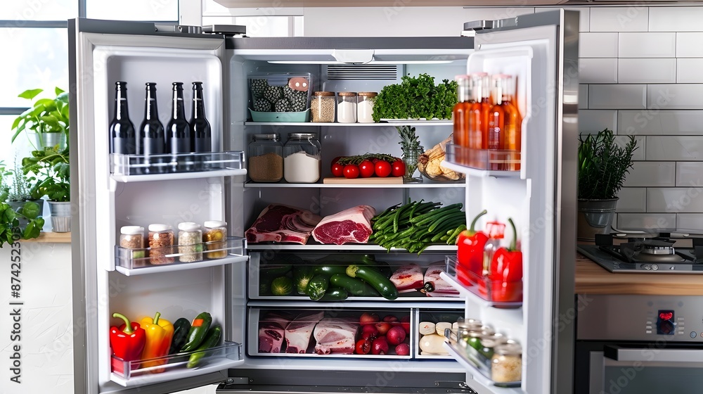 Modern Refrigerator with Assorted Groceries and Produce Modern Refrigerator with Assorted Groceries and Produce