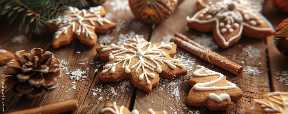 A table covered with a variety of cookies, including some with snowflakes. A table covered with a variety of cookies, including some with snowflakes.