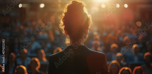 Woman Delivering Speech On Stage In Front Of Audience