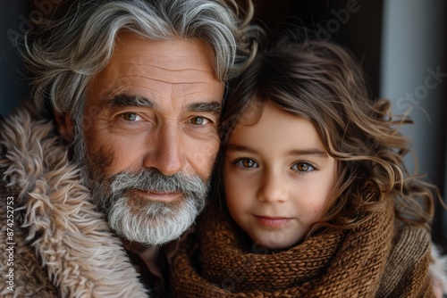 Close Up Portrait of Cheerful Granddad and Granddaughter