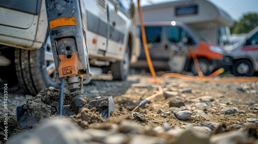 Naklejka premium Heavy Construction Machinery and Equipment at a Building Site with Dirt and Debris