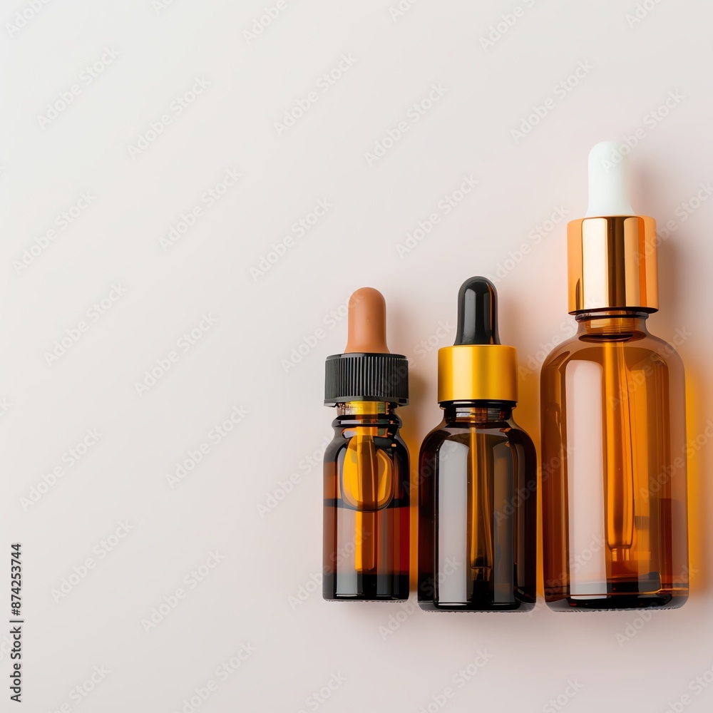 Three amber glass dropper bottles with gold caps on a pink background. Three amber glass dropper bottles with gold caps on a pink background.