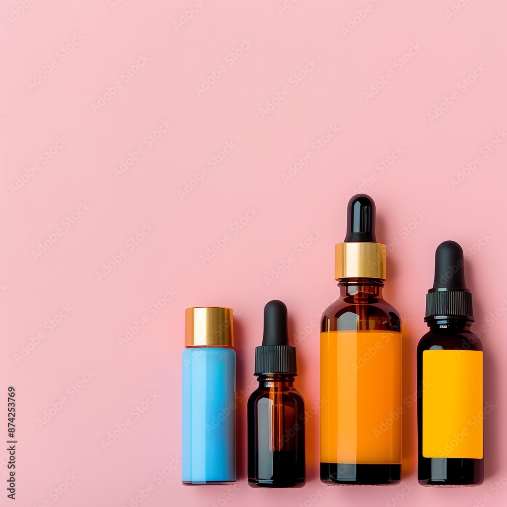 Four bottles of serum on pink background.