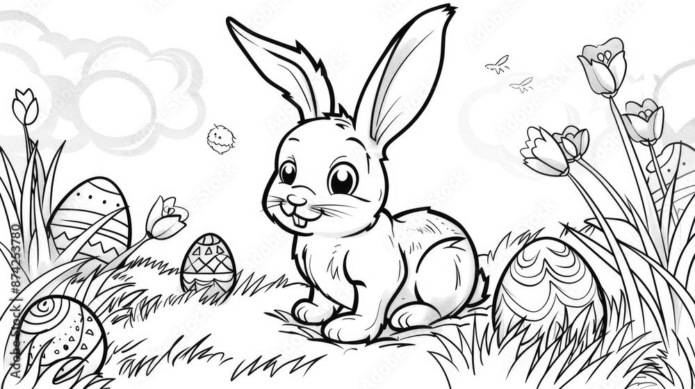 Obraz premium Adorable Easter Bunny Cartoon Coloring Page in Black and White