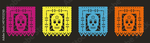 Set of Papel Picado banners with skulls. Mexican garlands, party decorations for Dia De Los Muertos.