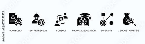Investment Advisory Services Banner Web Icon Vector Illustration Concept With Portfolio, Entrepreneur, Consult, Financial Education, Diversify, Wealth Growth