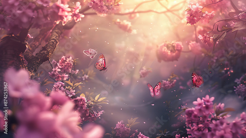 Dreamy pink sakura haven: A garden of blooms enchanted by fluttering butterflies and soft sunlight.