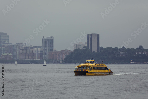 New York Yellow Water Taxi on the Hudson River on a Grey Day