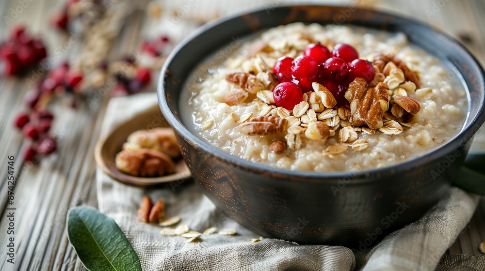 A bowl of classic oatmeal garnished with fresh cranberries and nuts, ideal for a nutritious breakfast.