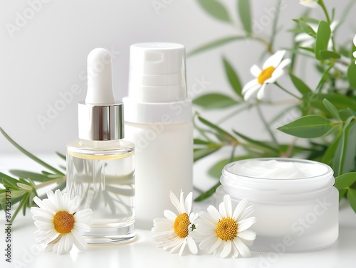 White bottles of skincare products with chamomile flowers and leaves.